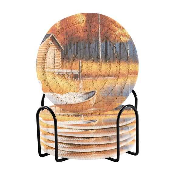 Ducks in Boat on River Coasters with Holder for Coffee Table 6 Pcs Drink Coaster Sets Absorbent for Home Decor 4 inch