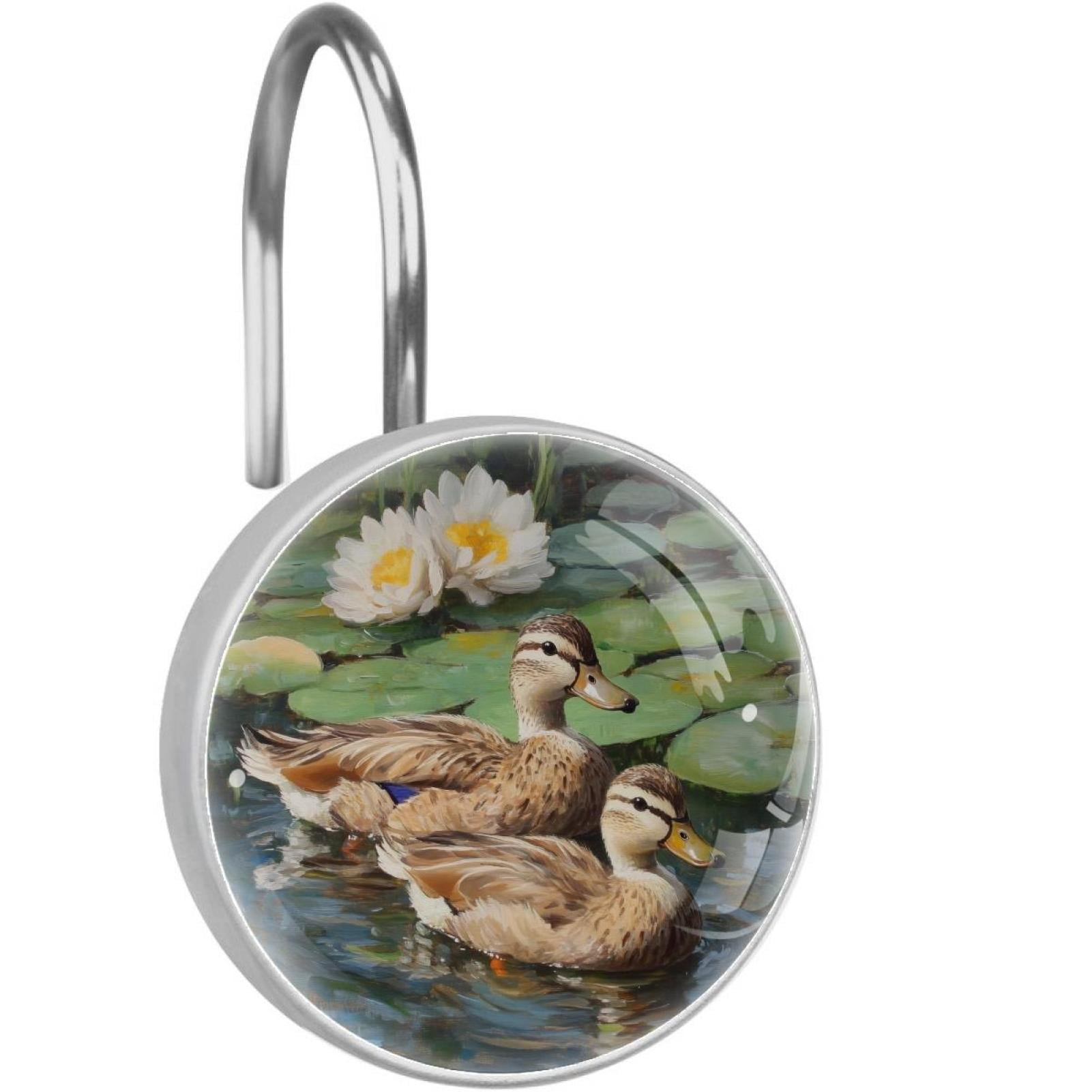 Ducks on Lotus Pond Shower Curtain Hooks Round Crystal Glass, Set of 12 Shower Curtain Rings - Shower Hooks for Curtain Shower Rings
