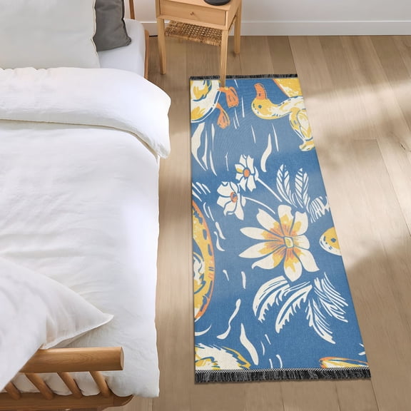 Ducks on Surfboards Flowers Leaves Bedside Runner Rug 2'x 6' Non Slip Carpet Floor Mat Area Rug