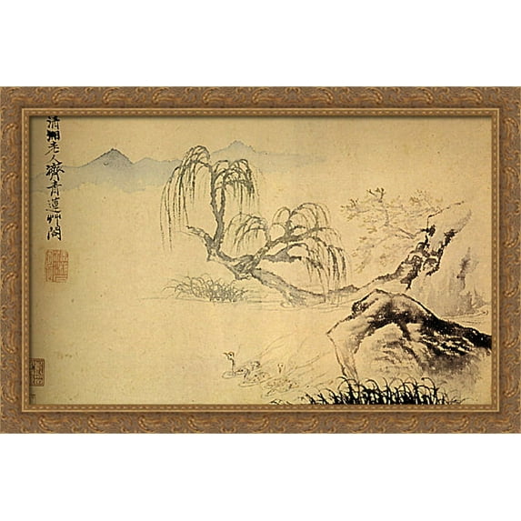Ducks on the river 40x26 Large Gold Ornate Wood Framed Canvas Art by Shitao