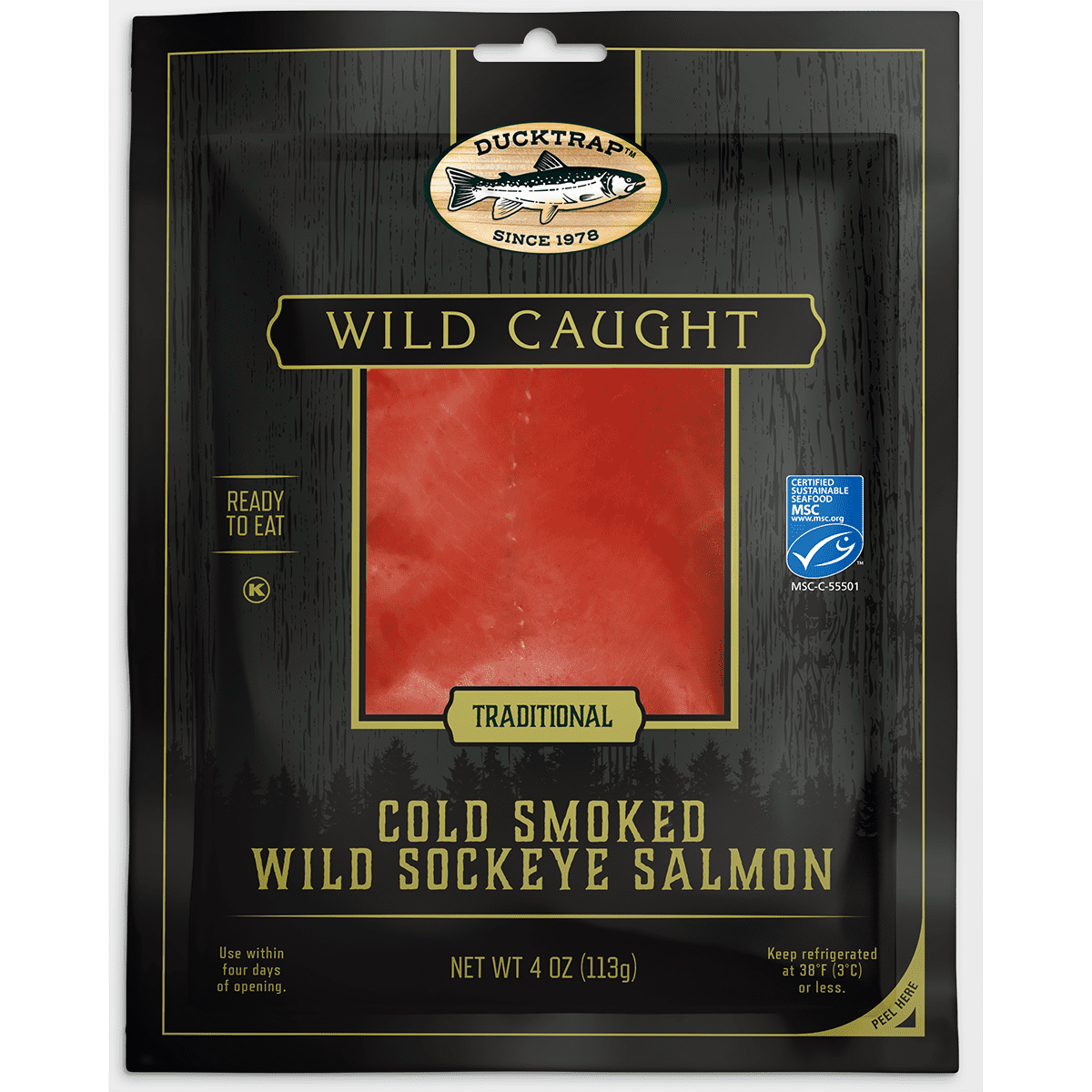 Ducktrap Cold Smoked Wild Caught Sockeye Salmon, Traditional Style 4 oz - Vacuum Sealed Pouch, Keep Refrigerated, Ready-to-Eat, BAP Certified