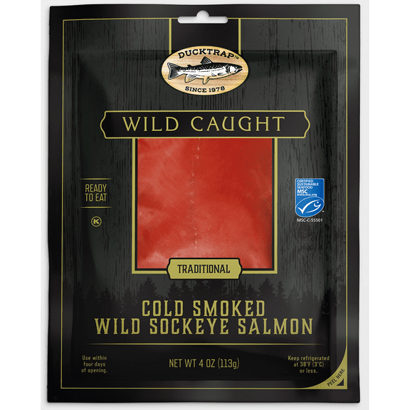 Ducktrap Cold Smoked Wild Caught Sockeye Salmon, Traditional Style 4 oz - Vacuum Sealed Pouch, Keep Refrigerated, Ready-to-Eat