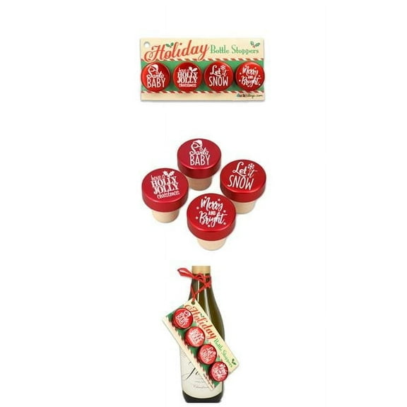 Ducky Days 1.25 x 1.25 in. Dia. Christmas Holiday Sayings Red Aluminum Top Bottle Stoppers - Set of 4