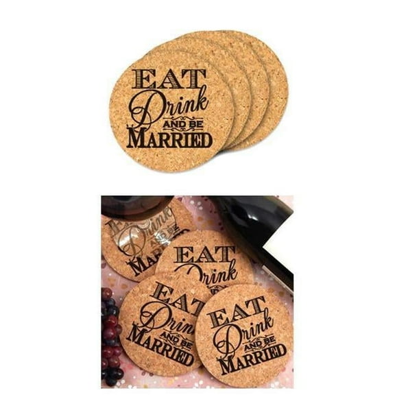 Ducky Days 8417151 4 in. Dia. Eat Drink & Be Married Round Cork Coasters - Set of 4