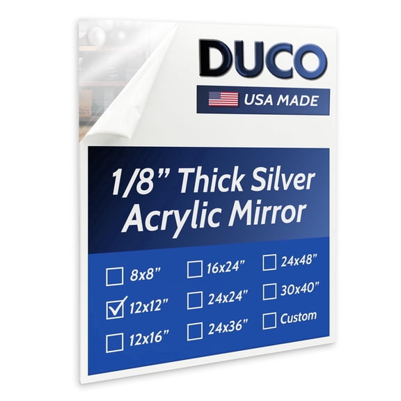 Duco USA-Made Acrylic Mirror Sheet 1/8 Inch Thick 12" x 12" (with Adhesives) - Pack of 1 Silver Frameless Plastic Mirror for Walls, Home Gyms, Bathrooms, & More - Shatter-Proof Mirrored Plexiglass