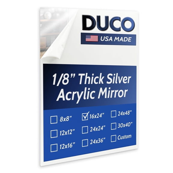 Duco USA-Made Acrylic Mirror Sheet 1/8 Inch Thick 16" x 24" (with Adhesives) - Pack of 1 Silver Frameless Plastic Mirror for Walls, Home Gyms, Bathrooms, & More - Shatter-Proof Mirrored Plexiglass