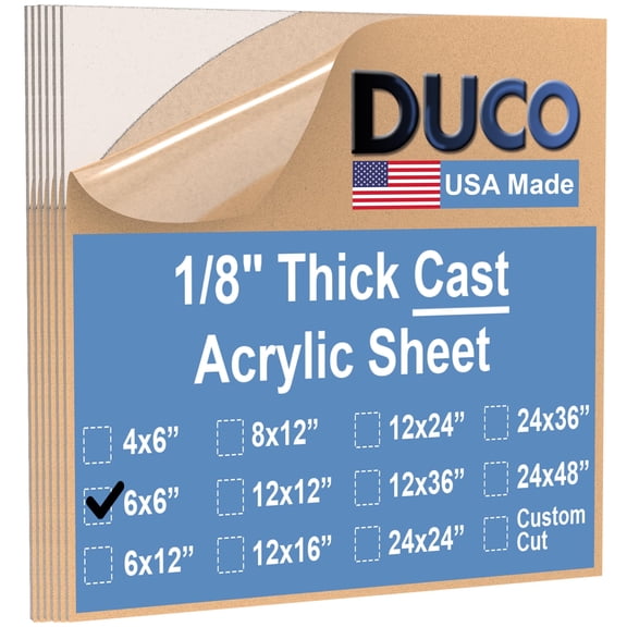 Duco USA-Made Clear Cast Acrylic Sheet 1/8 Inch Thick 6" x 6" - 6 Pack of Transparent Plexiglass Sheet - Lightweight Acrylic Board for Window Replacements, Displays, Signs, and More