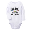 thumbnail image 1 of Dude It's My Birthday Funny Rompers, Newborn Baby Unisex Bodysuits, Infant Jumpsuits, Toddler 0-12 Months Kids Long Sleeves Oufits (White, 0-6 Months), 1 of 4