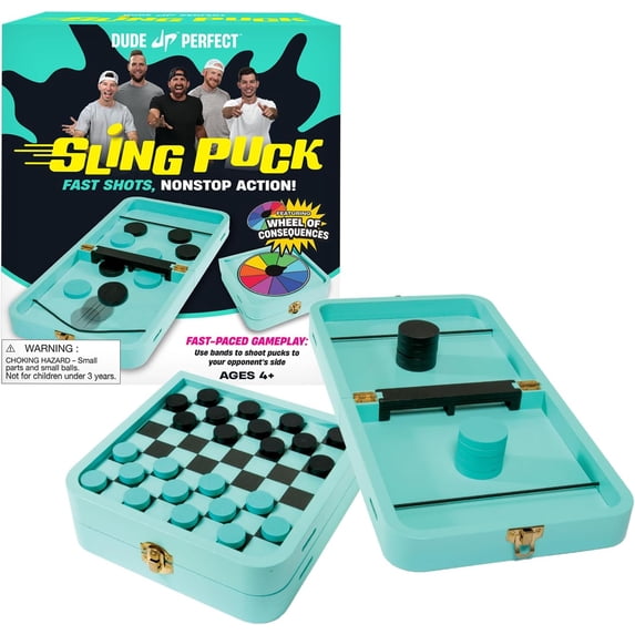 Dude Perfect Sling Puck Board Set, Foldable Tray with Checkers and Spinning Wheel