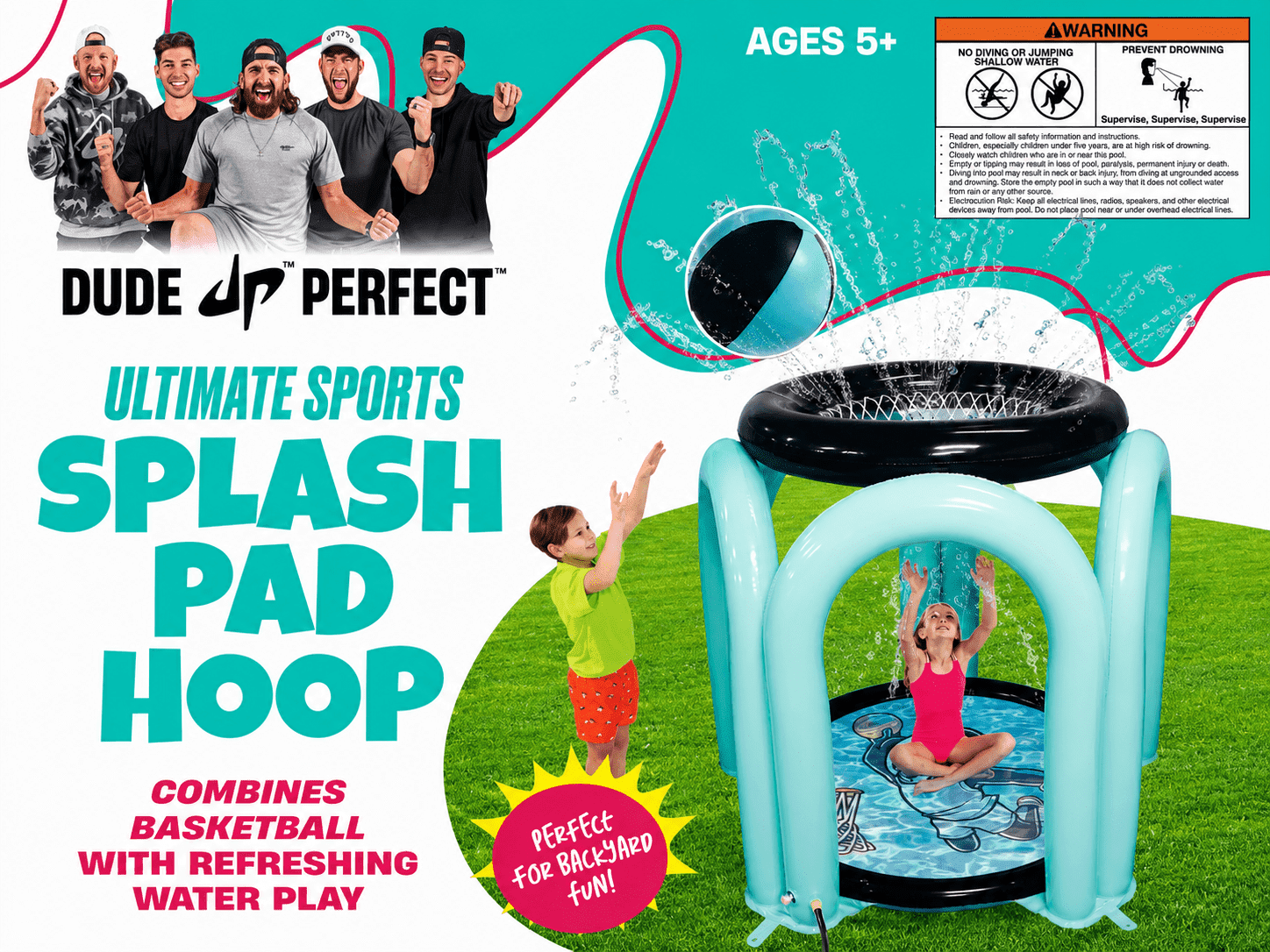 DUDE PERFECT SPLASH PAD HOOP INFLATABLE WATER BASKETBALL GAME FOR KIDS OUTDOOR BACKYARD TOY
