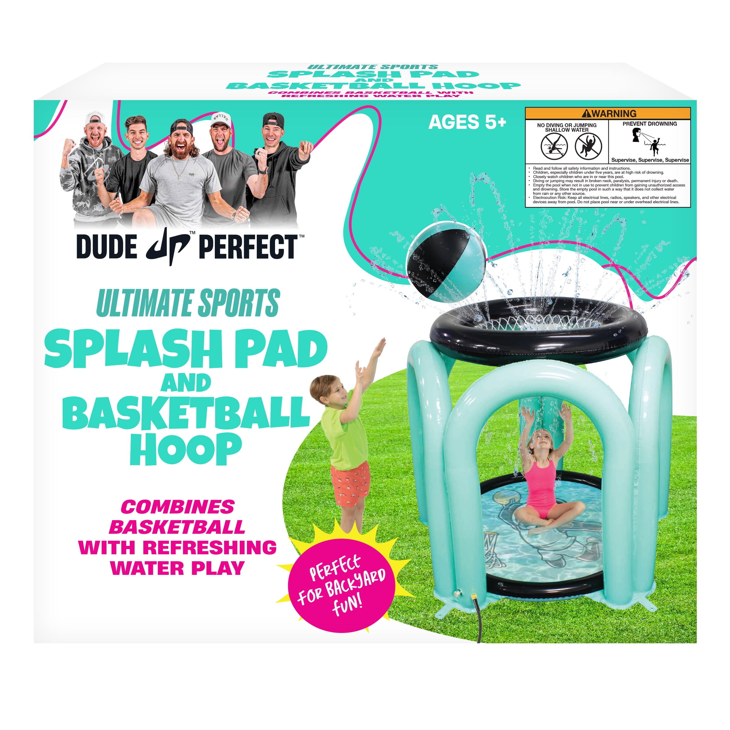 Dude Perfect Splash Pad & Basketball Hoop, Inflatable Water Tower for Kids 5-12, 5 Ft Sprinkler Pad with Hoop and Basketball Game, Outdoor Summer Activity for Boys; Girls, Play Wet or Dry, Easy Setup