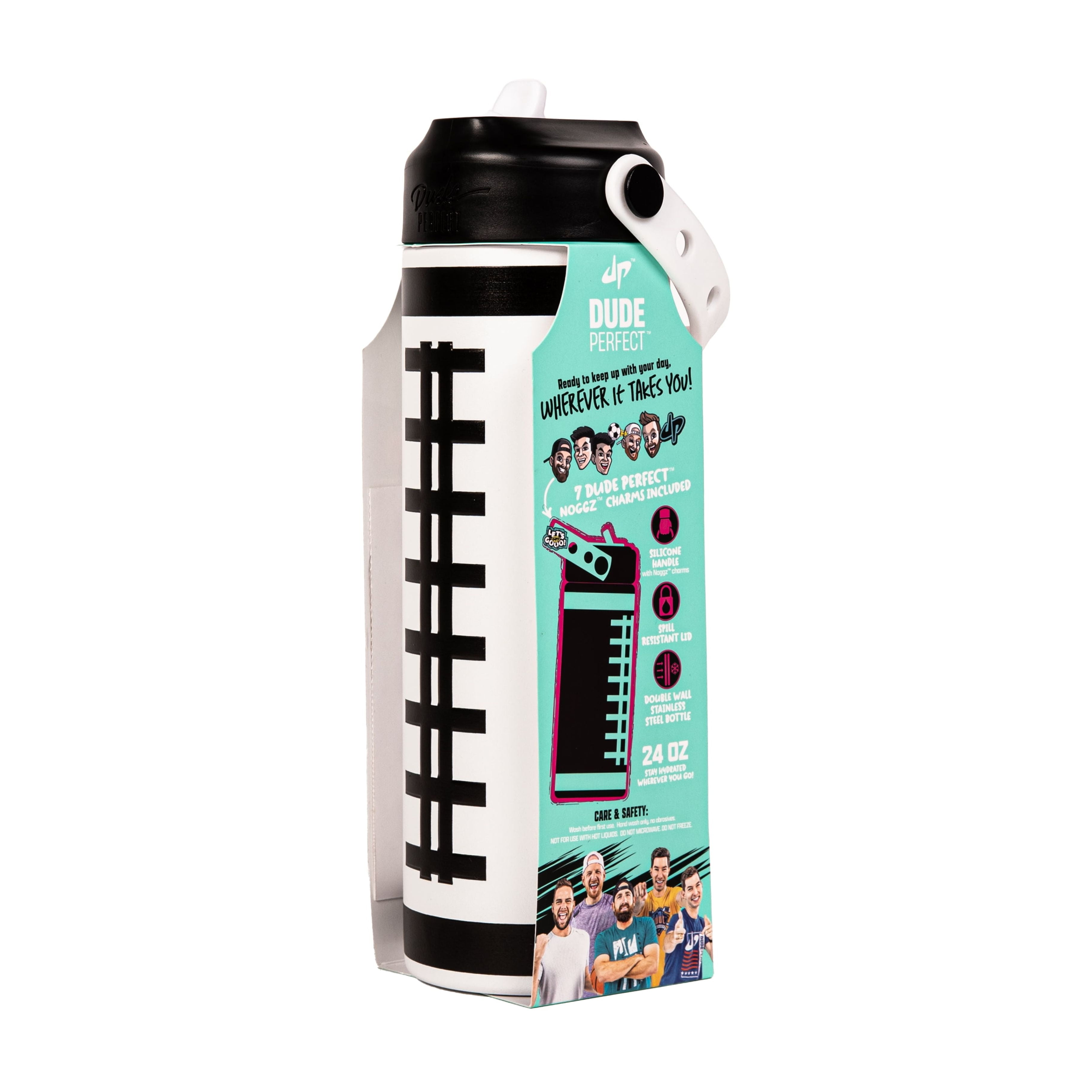 Dude Perfect Water Bottle, Silicone Handle, Double Wall Insulation and Leak-Proof Lid, 24 oz Capacity, White