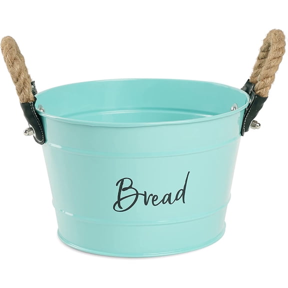 Dudki Antique Quoted Design Bread Basket Metal Storage Dessert Fruit Container Vintage Tray with Handles Food Storage Bucket (Aqua)