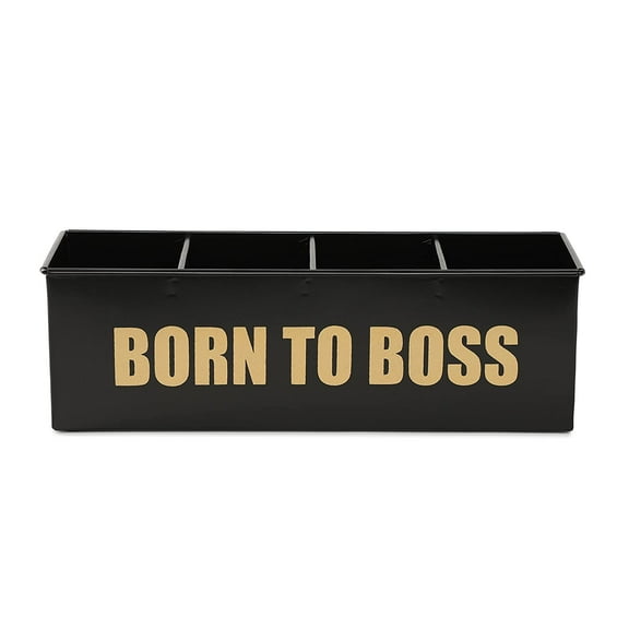 Dudki Born to Boss Printed Desk Organizer 4 Compartments Decorative Pen Pencil Holder for Vanity Kit Travel Box Makeup Box Cosmetic Storage Box Knife Holder Spoon Holder (Textured Black)