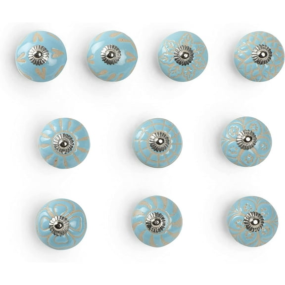 Dudki Ceramic knobs and pulls for Dresser Drawers Blue and Gray, 10pcs