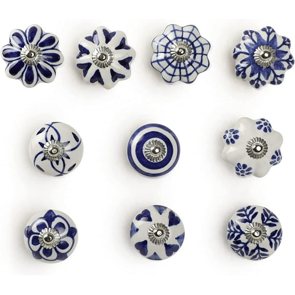 Dudki Ceramic knobs and pulls for Dresser Drawers Blue and White, 10pcs