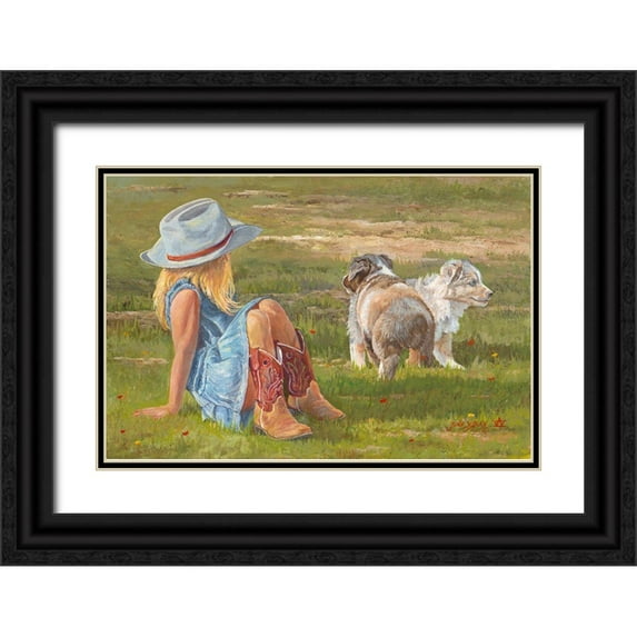 Dudley, June 14x11 Black Ornate Wood Framed with Double Matting Museum Art Print Titled - Red Boots and Puppies