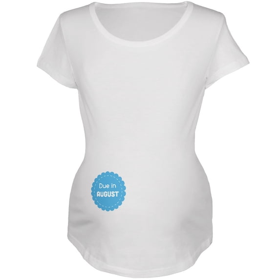 Due in August Blue Boy Badge White Maternity Soft T-Shirt - Small