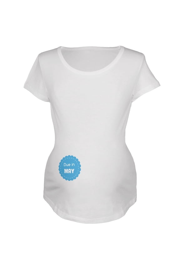 Due in May Blue Boy Badge White Maternity Soft T-Shirt - Small