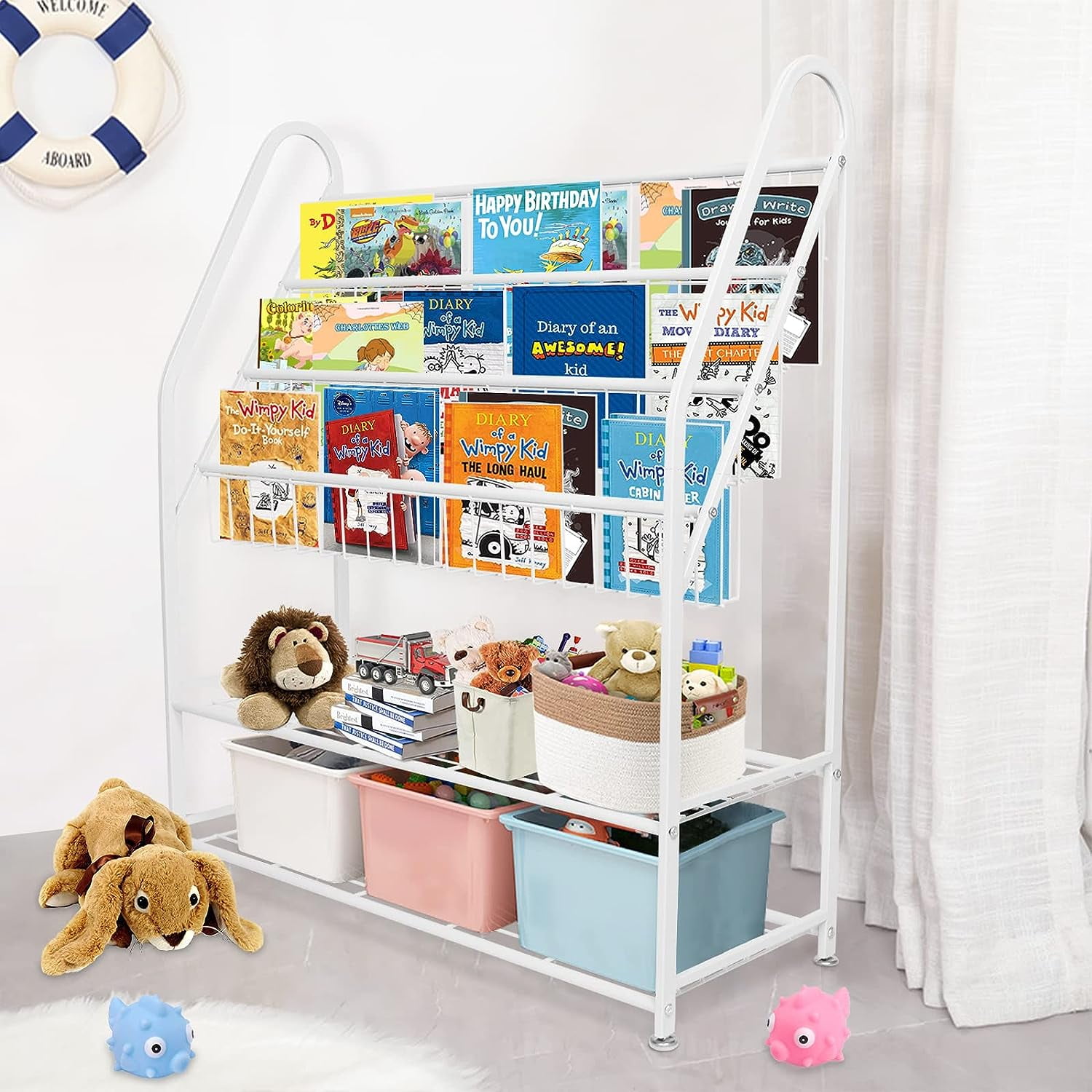Dueatib Metal Kids Bookshelf, Freestanding Organizer, 2Tier Toy