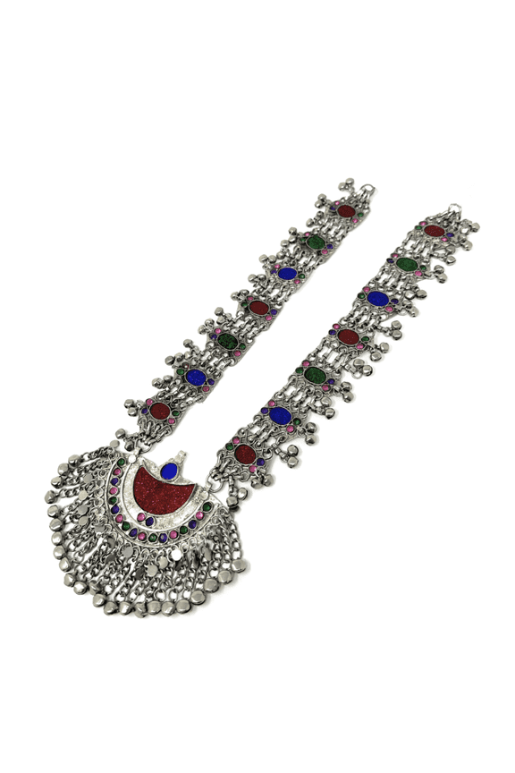 Afghan Tribal Pendant Necklace for Women, Handmade Oxidized Alloy with Multicolor Stones, Half-Moon 3.5 Inch Pendant with Fringe & Bell Charms, 10 Inch Adjustable Bohemian Jewelry