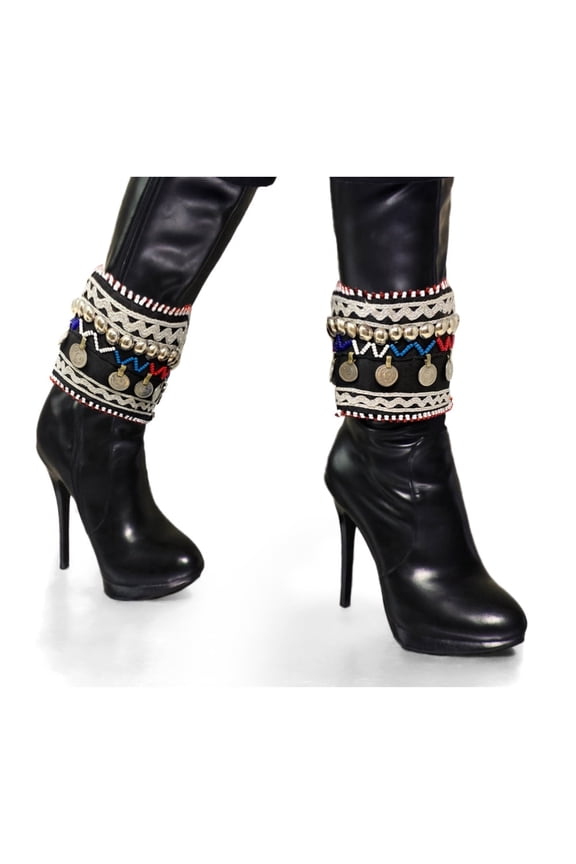 Afghan Tribal Womens Boot Cuff Anklet Pair in Colorful Embroidered Fabric with Coins, Glass Beads & Mirrors, 115, PressButton Clasp, Boho Fashion