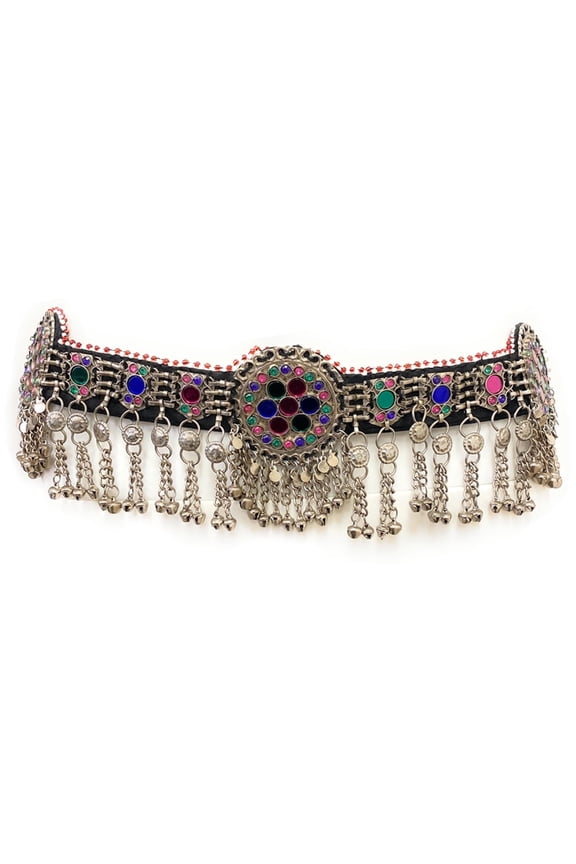 Antique Tribal Belly Dance Waist Belt for Women with Multicolor Acrylic & Glass Beads, Hammered Medallions, Dangling Bead Coins, Oxidized Gold-Tone, 30.5 Adjustable Tie-Cord