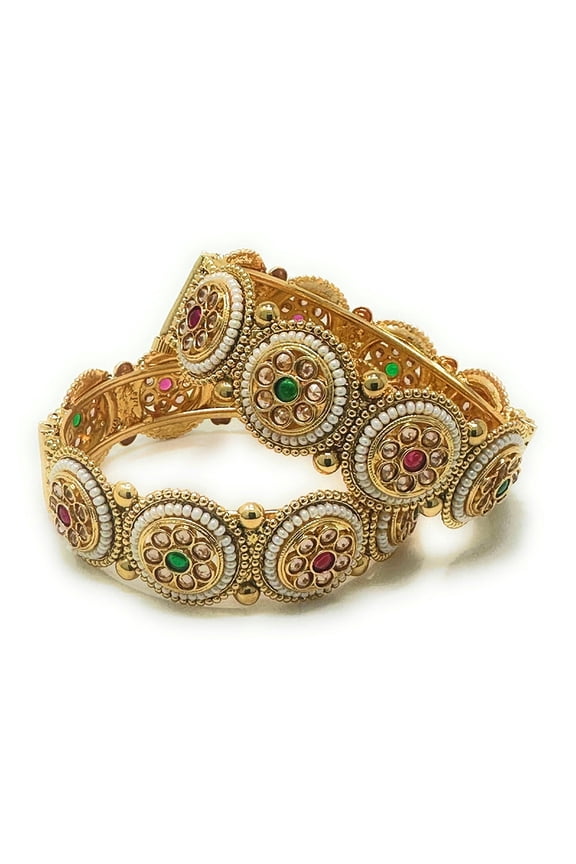 Gold-Plated Kada Bangle Bracelet Set with Floral Polki Design, Red and Green Stones, White Pearl Edge, 0.90-Inch Width, Medium Size 2-6, Womens Traditional Bridal Wedding Jewelry