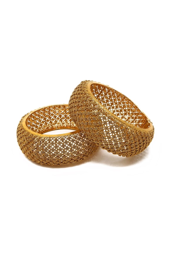 Gold-Plated Kada Bangle Bracelet Set with Net Filigree Design, 1-Inch Width, Medium Size 2-6, Traditional Indian Bridal Wedding Party Jewelry for Women, Elegant Gold Net Patterndon