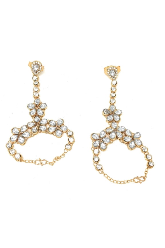 Indian Ethnic Womens Bridal Haath Phool Hand Ornament Adjustable Bracelet Set and Ring, White Kundan Stones, Gold Plated, 7-Inch Bracelet, Bridal Wedding Party Jewelry, Kundan Bridal