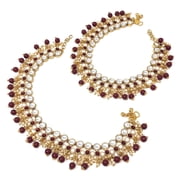 Duel On Jewel Indian Traditional Bridal Womens Gold Plated Payal Soft Bells Anklet Pair in White Kundan Red Glass Stones for Dance Party Wedding Holiday Gift
