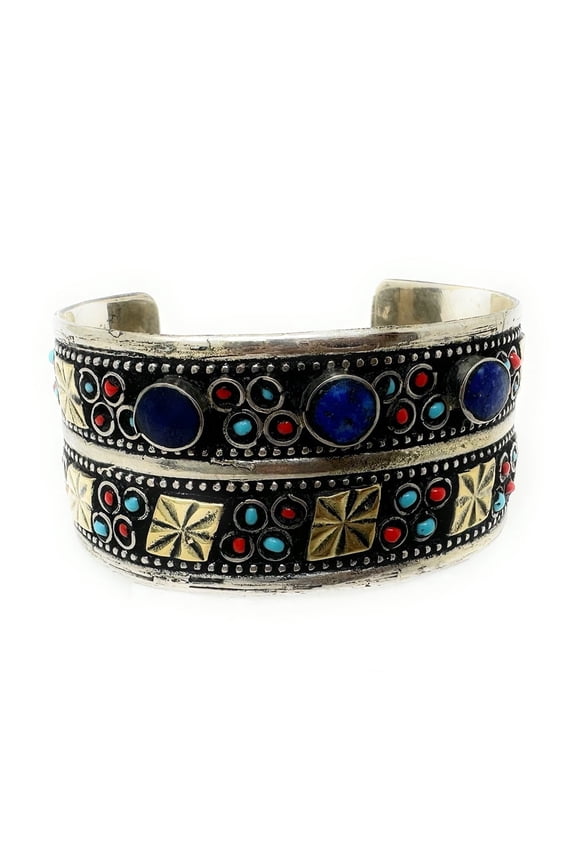 Oxidized Gold-Tone Tribal Womens Cuff Bracelet with Intricate Engraved Flowers & Bold Blue Stones, 1.25-Inch Adjustable Bohemian Festival Jewelry