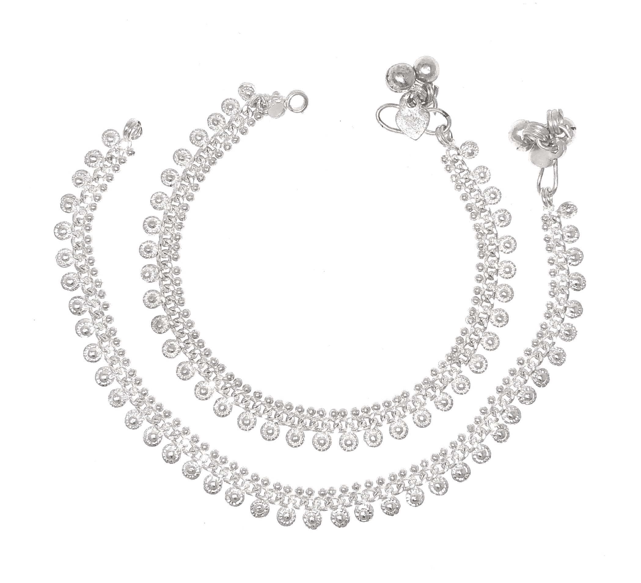 Duel On Jewel Silver-Finish Curved Coin-Accented Anklet Payal Pair with Soft Bell Chimes, 9.5-Inch Length, S-Hook Clasp, Traditional Indian Jewelry for Weddings, Dance, Beach, and Gifting