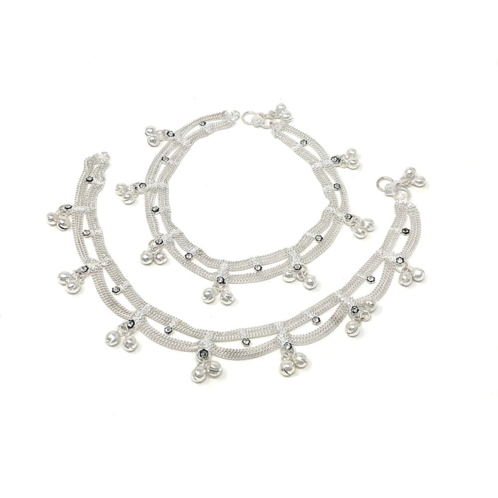 Duel On Jewel Silver-Finish Jhanjar Anklet Payal Pair with White Stones and Hanging Chain Beads, 9.63-Inch Length, S-Hook Clasp, Traditional Indian Jewelry for Bridal, Dance, Beach, and Party Wear