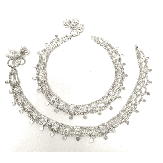 Duel On Jewel Silver-Finish Lace Filigree Anklet Payal Pair with Bell Chimes, 9.94-Inch Length, S-Hook Clasp, Traditional Indian Jewelry for Bridal, Dance, Beach, and Everyday Wear