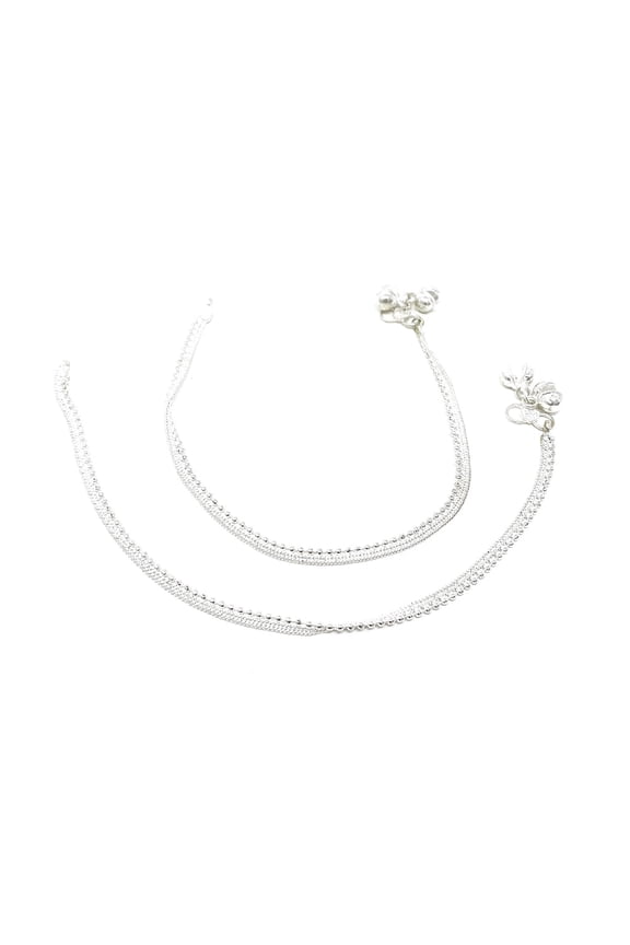 Silver-Finish Slim Chain Anklet Payal Pair with Soft Bell Chimes, 9.81-Inch Length, S-Hook Clasp, Traditional Indian Jewelry for Everyday, Beach, Dance, and Bridal Wear
