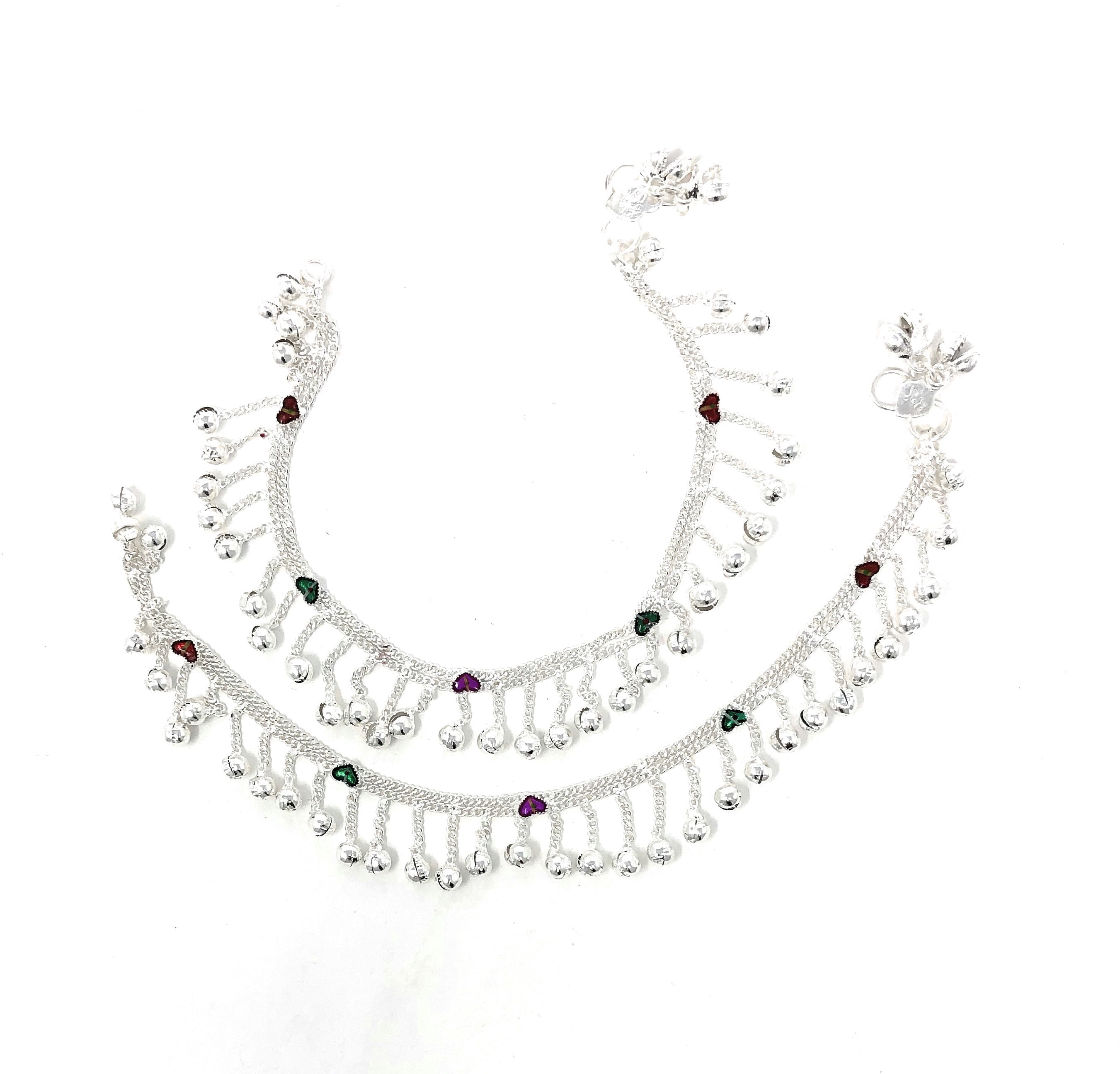 Duel On Jewel Traditional Silver Anklet Payal Pair with Hanging Beads, Wave Motif, Loud Bell Sound, 9.56-Inch Length, Indian Wedding, Dance, Beach Jewelry for Women, Handcrafted Statement Accessory
