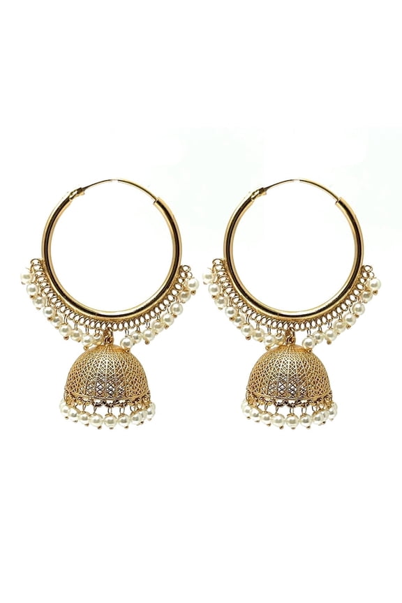 Womens Infinity Hoop Chandelier Jhumka Earrings, Filigree Design with Tiny White Pearls and Zircon, Gold-Plated, 2.5-Inch Stylish Everyday Wear Jewelry for Party and Gifts, Fusion Gold