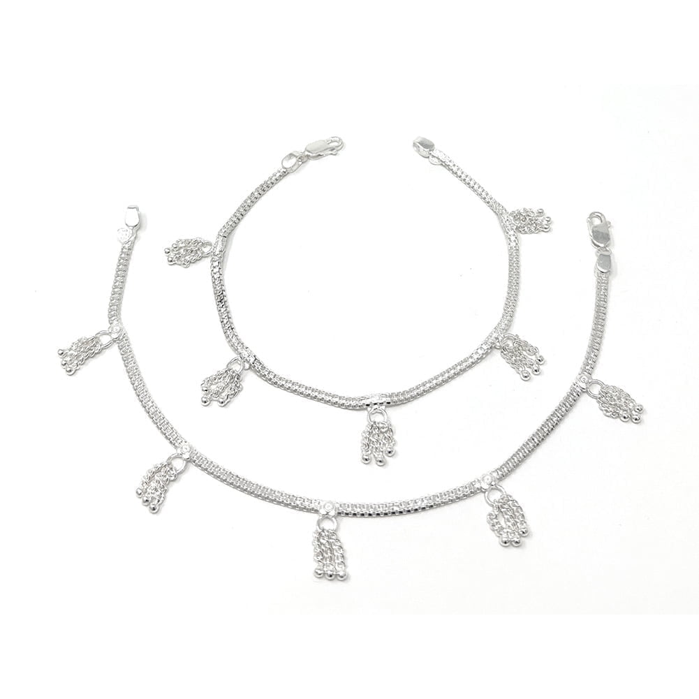 Duel On Jewel 925 Sterling Silver Indian Anklet Pair, Charm Detail, 10-Inch Length, Lobster Clasp, Water-Friendly, Lightweight Jewelry Set for Women, Traditional Payal Style, Handcrafted in India