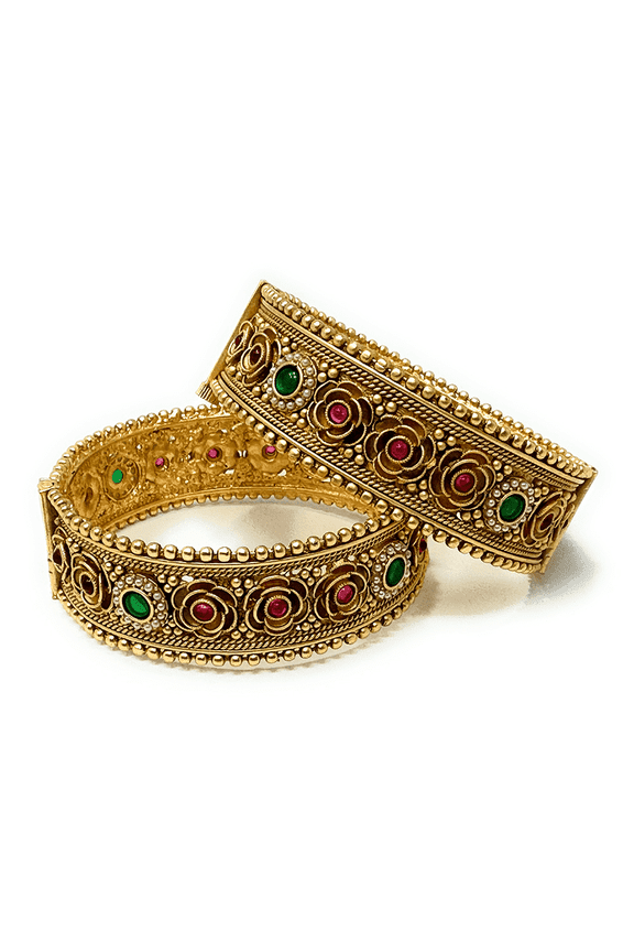 Gold-Plated Openable Bangle Set for Women, Floral Design with Red & Green Zircon, White Pearls, 0.75-Inch Wide, Medium Size 2-6