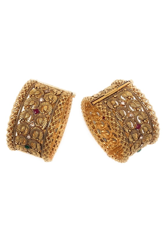Indian Peacock Enamel Kada Bangle Bracelet Set, Kundan Polki, Gold-Plated (Medium)