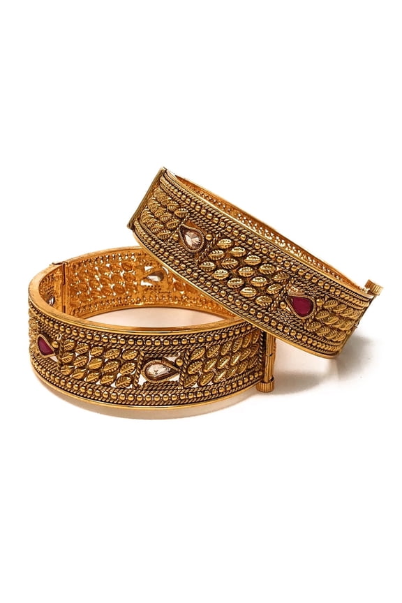 Leaf Motif Womens Openable Bangles, Red & White Zircon, Gold-Plated, Set of 2, Medium