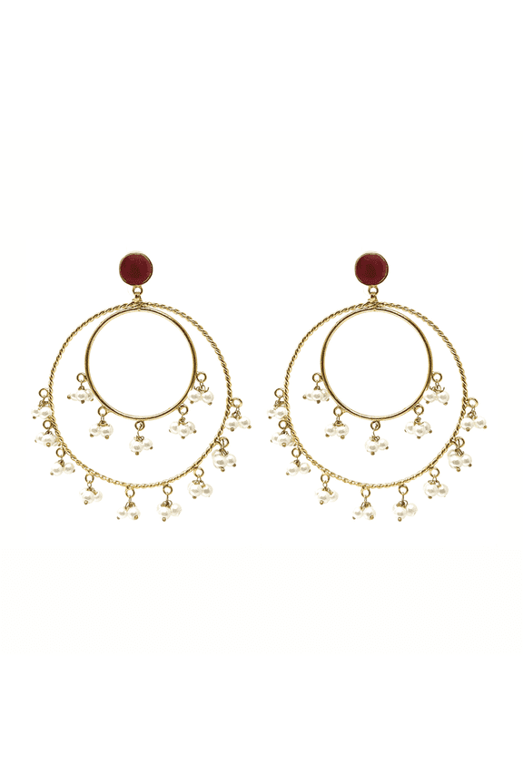 Pakistani Double Hoop Chandbala Earrings with Dangling White Pearl Clusters, Red Stone Stud, Handmade, Gold-Plated, 3-Inch Statement Jewelry for Party, Wedding, and Gifts, Big Pearl Hoo