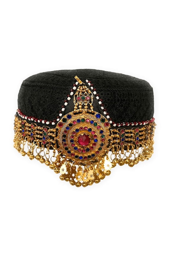 Turkish Ottoman Kayi Tribal Black Brk Hat with Gold Chains, Multicolor Stones & Medallion, Oxidized Finish, 7 Diameter Headpiece