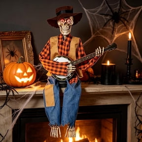 Dueling Banjo Skeletons Halloween Decor, Animated Musical Skeleton Duo with Light-Up Eyes & Motion, Country Cowboy Skeleton Musicians for Haunted House, Indoor & Outdoor Party Decor (RL Orange)