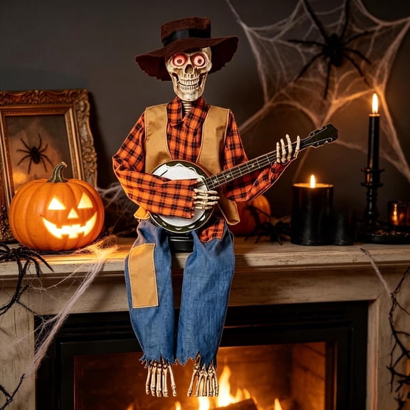 Dueling Banjo Skeletons Halloween Decor, Animated Musical Skeleton Duo with Light-Up Eyes & Motion, Country Cowboy Skeleton Musicians for Haunted House, Indoor & Outdoor Party Decor (RL Orange)