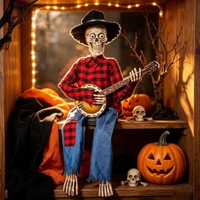 Dueling Banjo Skeletons Halloween Decor, Animated Musical Skeleton Duo with Light-Up Eyes & Motion, Country Cowboy Skeleton Musicians for Haunted House, Indoor & Outdoor Party Decor (RL Red)