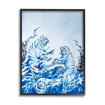 Dueling Tigers Ocean Waves Animals & Insects Painting Black Framed Art Print Wall Art