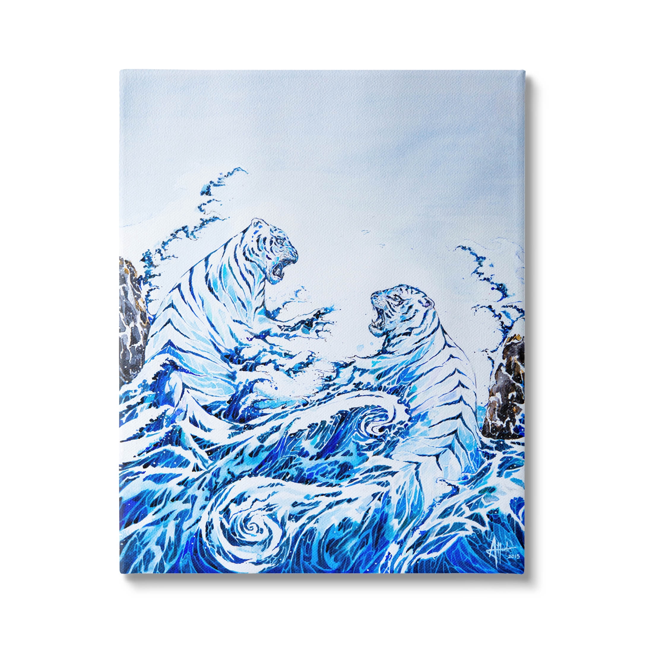 Dueling Tigers Ocean Waves Animals & Insects Painting Gallery Wrapped Canvas Print Wall Art