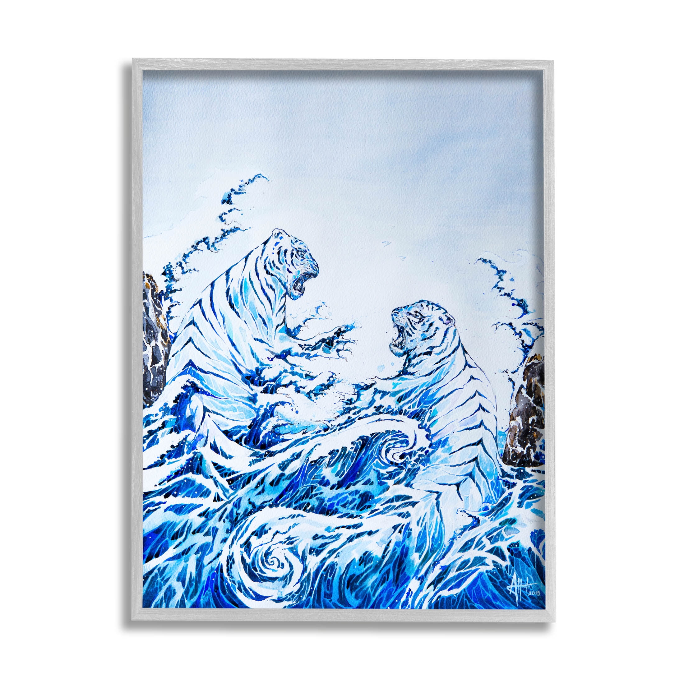 Dueling Tigers Ocean Waves Animals & Insects Painting Gray Framed Art Print Wall Art
